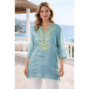 Soft Surroundings Beaded Tunic Top M Aqua Blue Silk Blend Embroidered Boho Resor